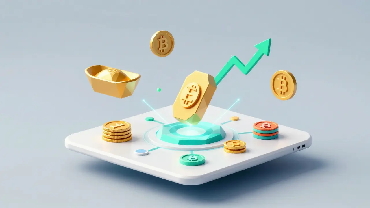 Low poly graphic showing diverse assets like gold and stocks on one platform