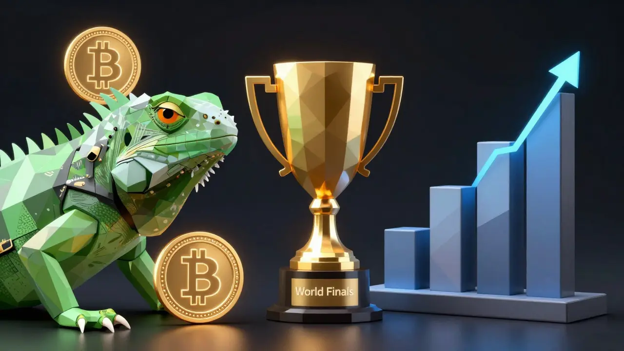 Low poly iguana and crypto chart merging near a golden trophy cup