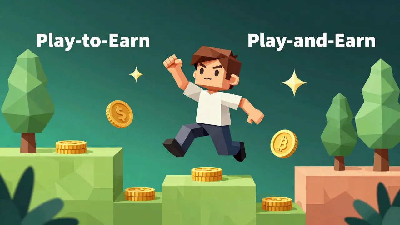 Low poly illustration of a happy gamer balancing fun gameplay with crypto rewards