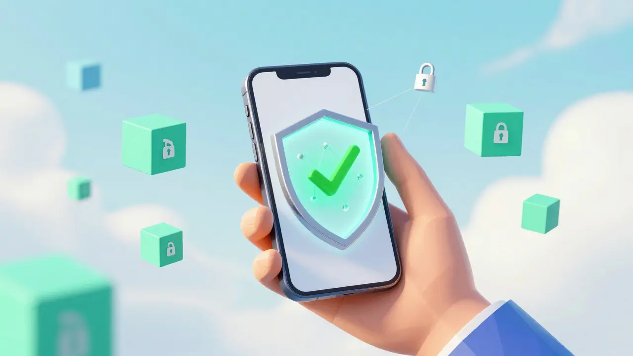 Low poly illustration of a secure smartphone with verified crypto rewards