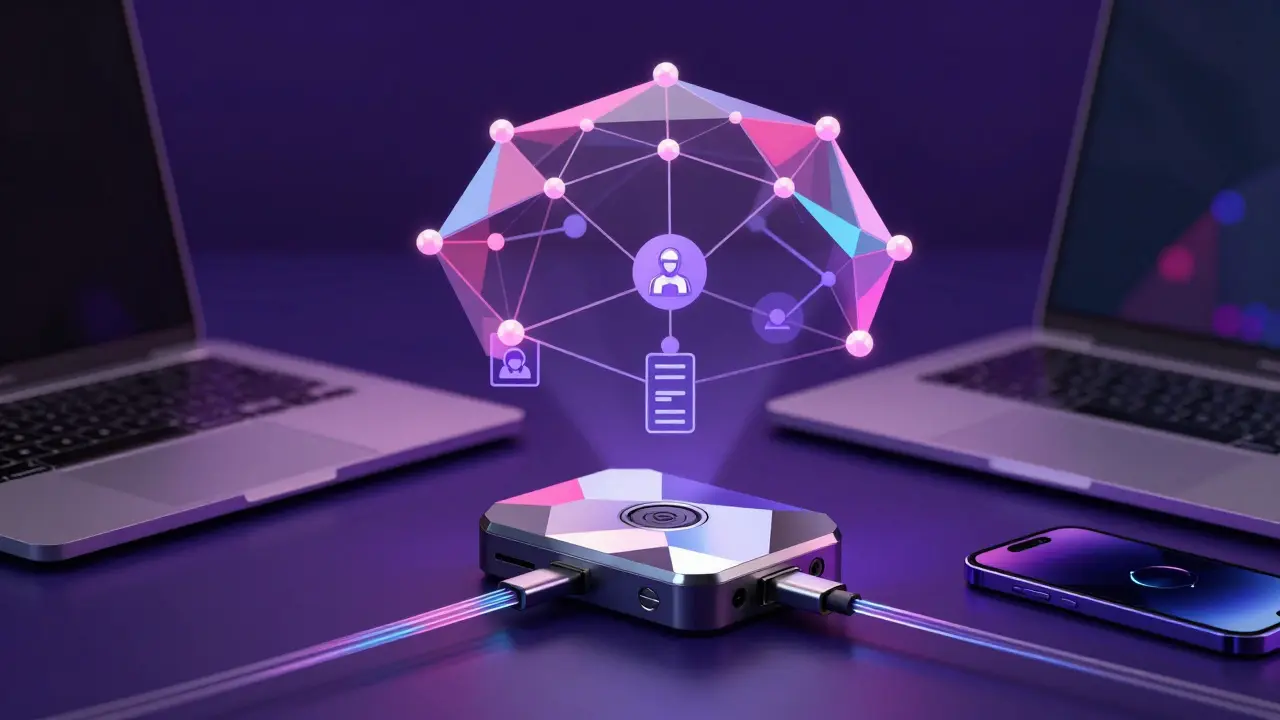 Low poly scene showing hardware wallet and secure network protecting crypto assets