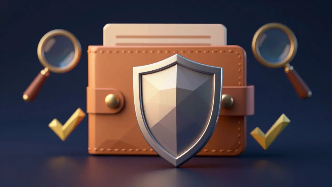 Low poly shield and wallet icon symbolizing crypto security checks