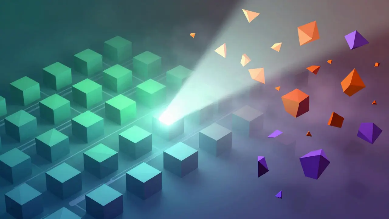 Low poly visualization contrasting regulated exchanges with risky decentralized trading