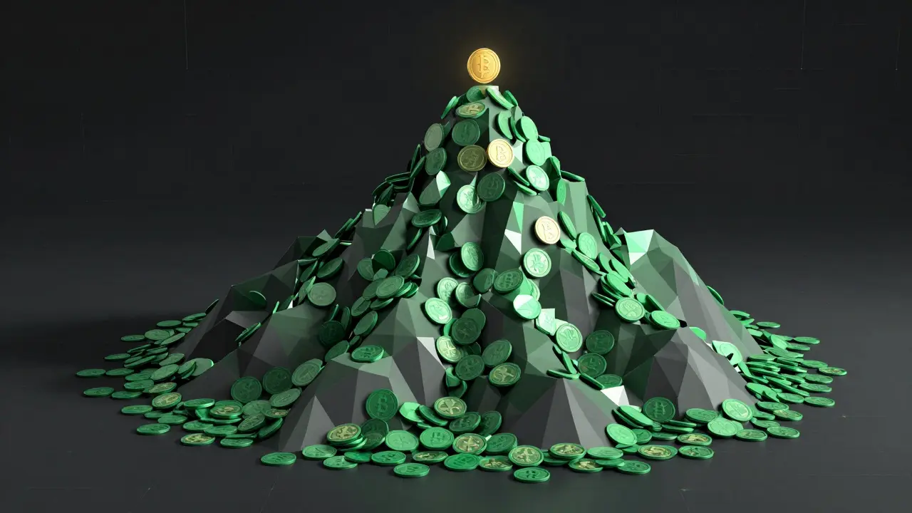 Mountain of green coins showing massive token supply concept