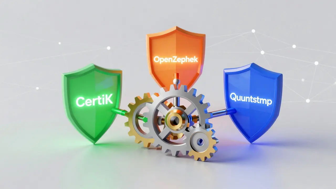 Three glowing low poly shields surrounding a central gear mechanism