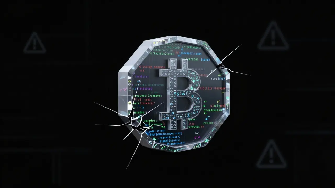 Abstract low-poly art depicting smart contract risks, featuring a cracking crystalline structure holding a token, set against a dark digital background with warning motifs.