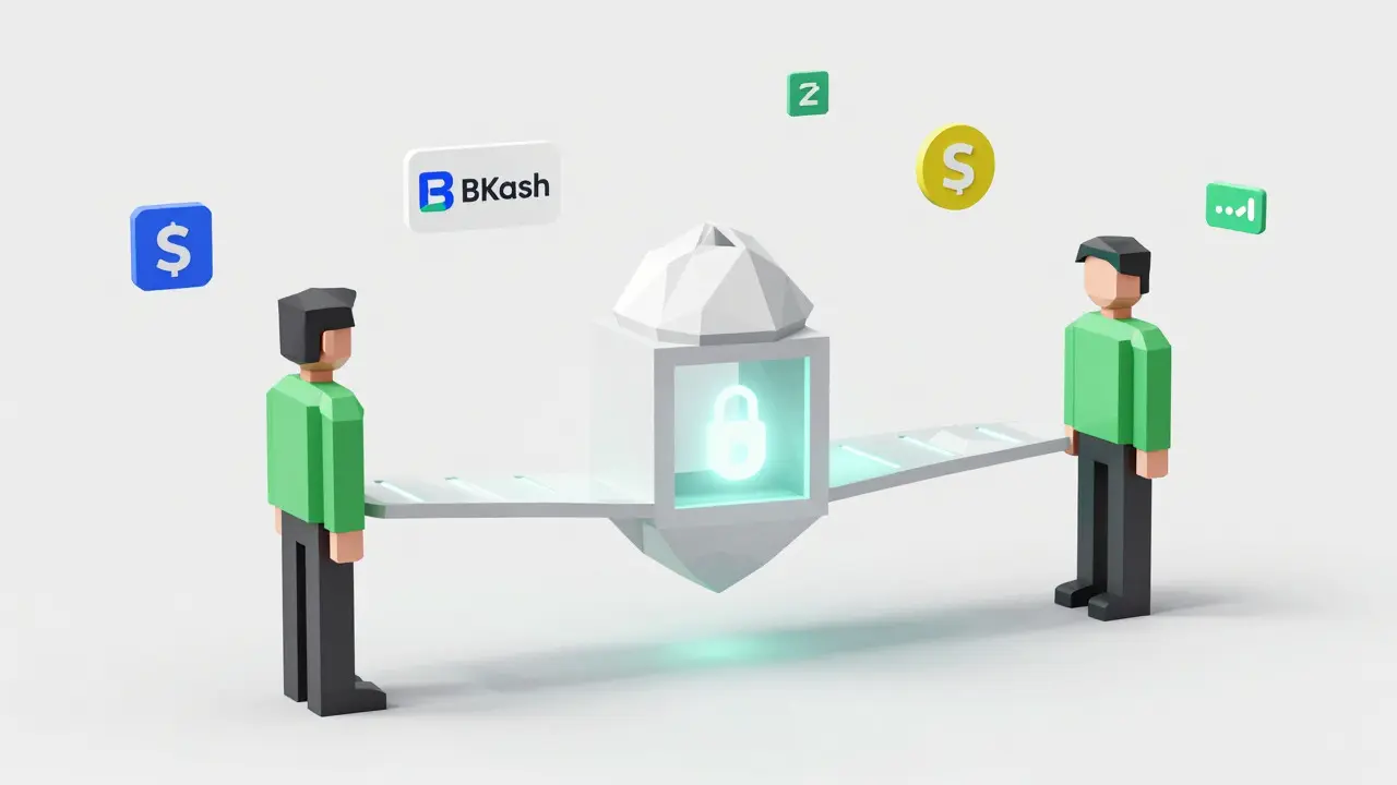 Abstract low poly graphic showing secure crypto escrow system