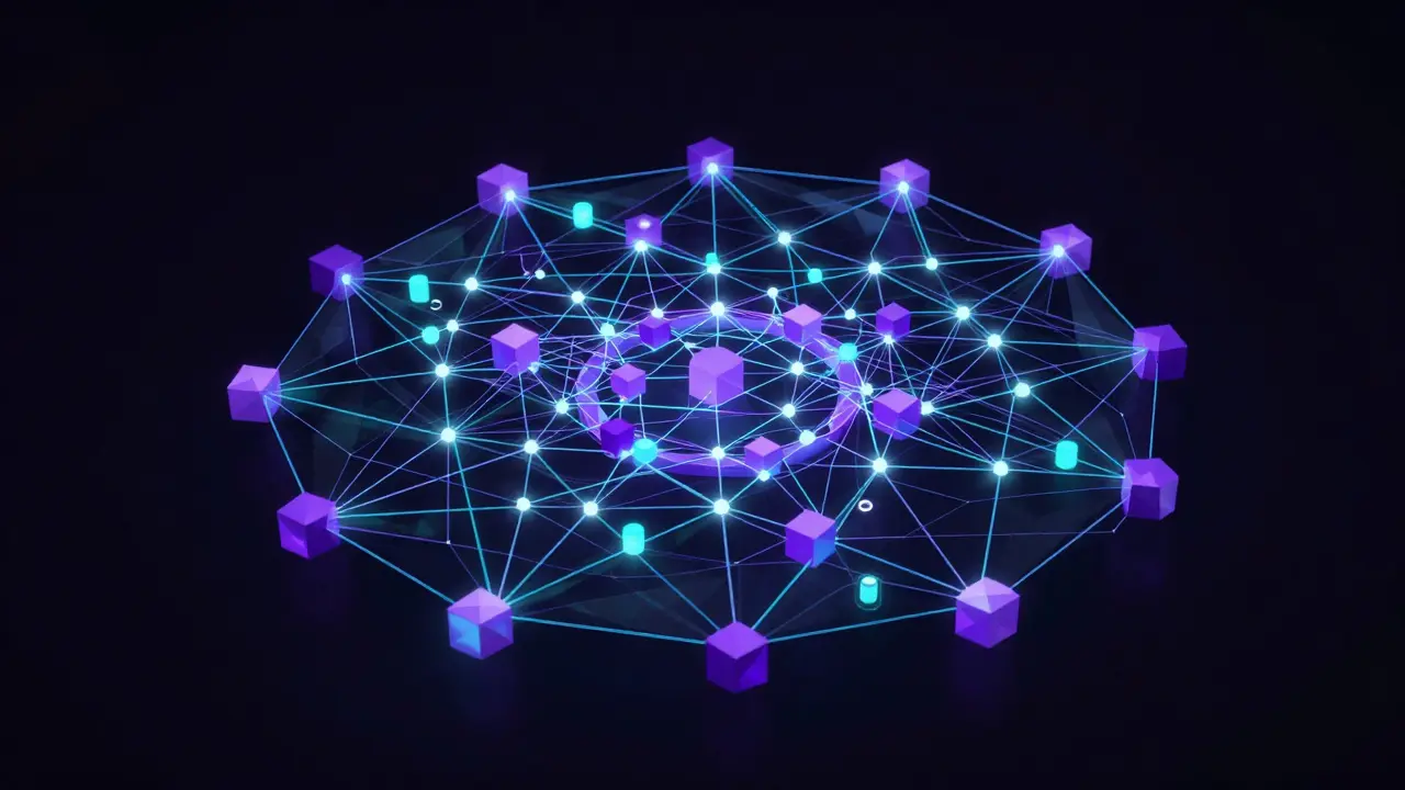 Abstract low poly network visualizing blockchain data indexing infrastructure.