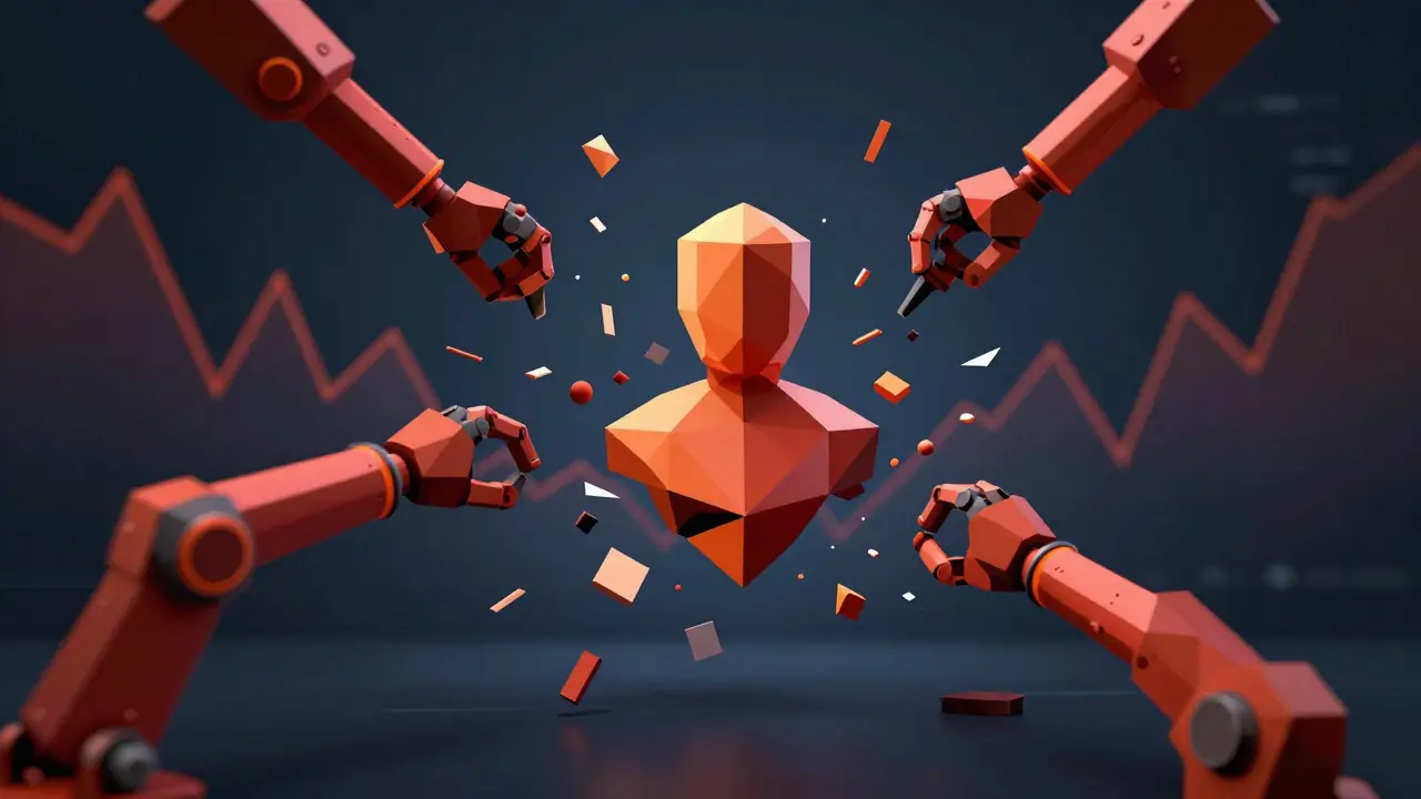 Abstract low poly scene of automated crypto loan liquidation process