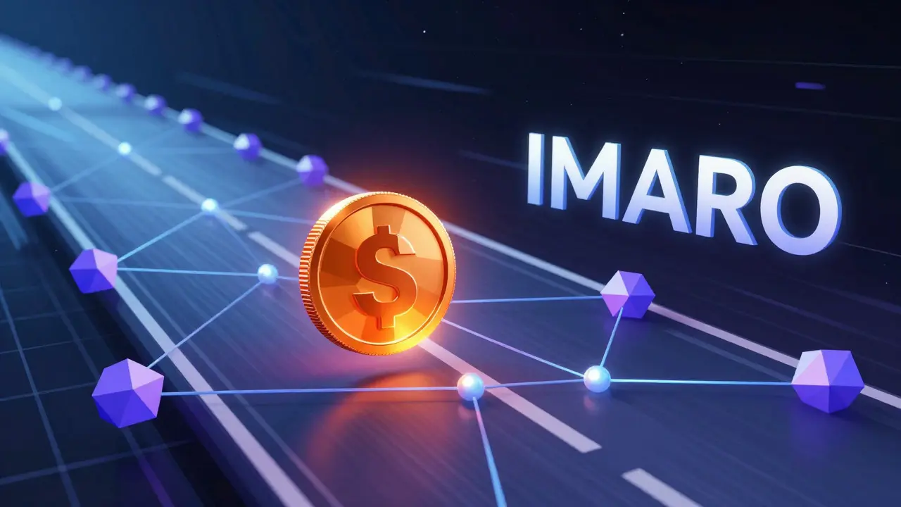 Abstract low poly visualization of Solana blockchain speed and IMARO token