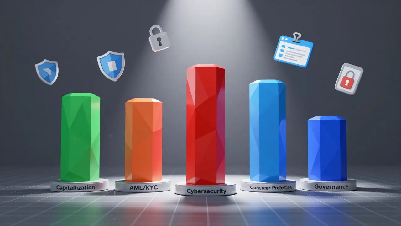 Five low poly pillars representing crypto compliance requirements