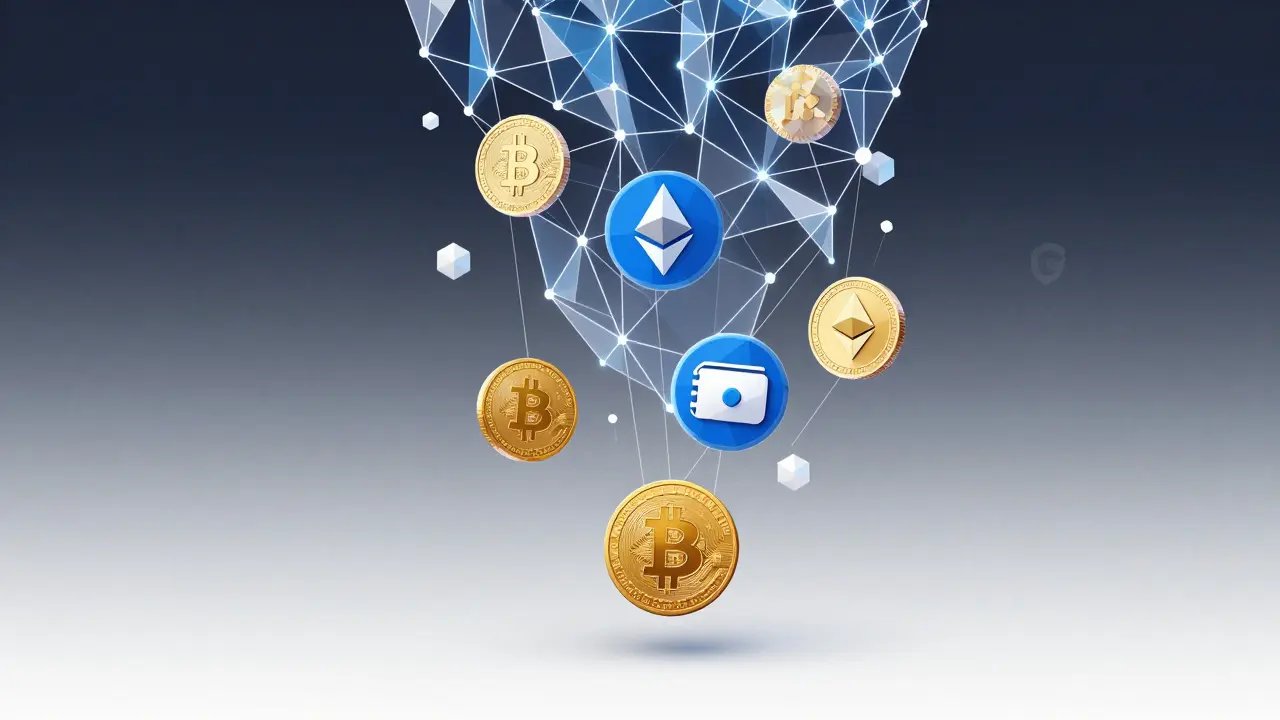 Geometric net capturing floating low poly crypto coins