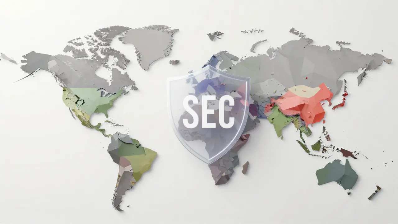 Geometric world map showing fragmented crypto regulations and shields