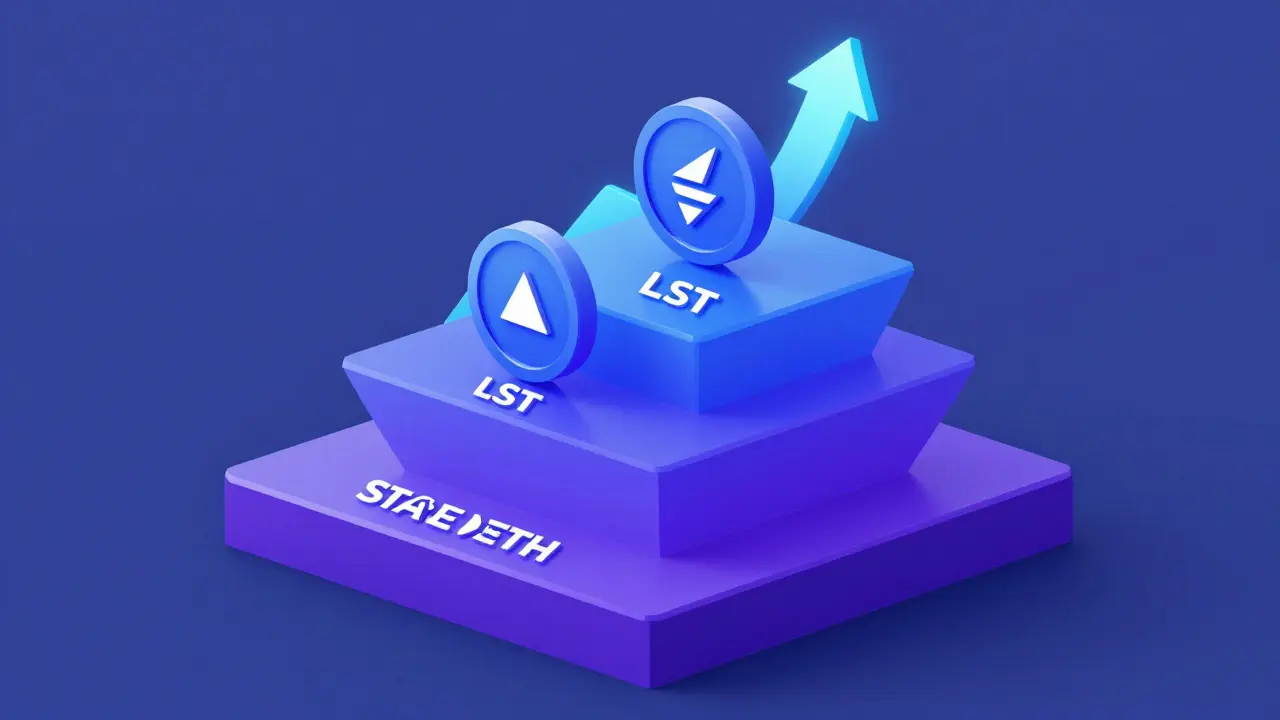 Layered low-poly graphic illustrating yield stacking, with base staking, LST holding, and additional yield sources rising in tiers, highlighted by glowing growth indicators.