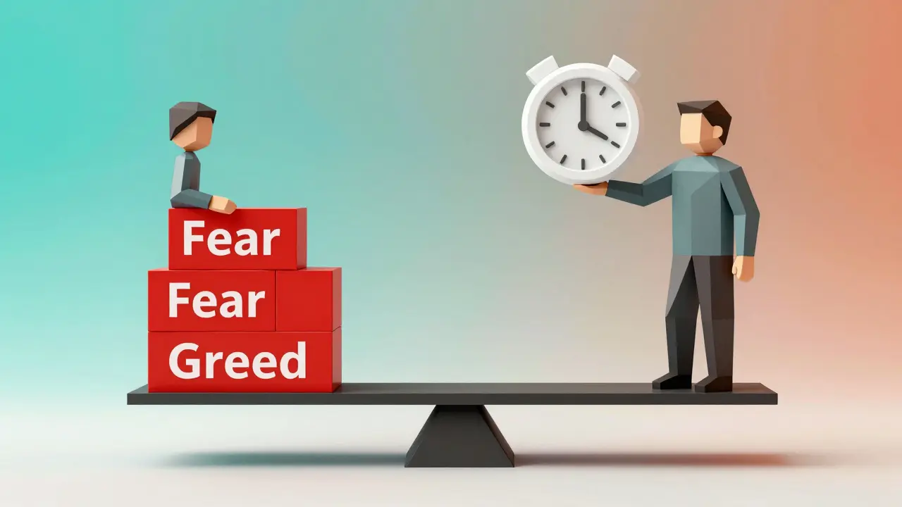 Low poly abstract figures balancing fear and greed with a disciplined timer