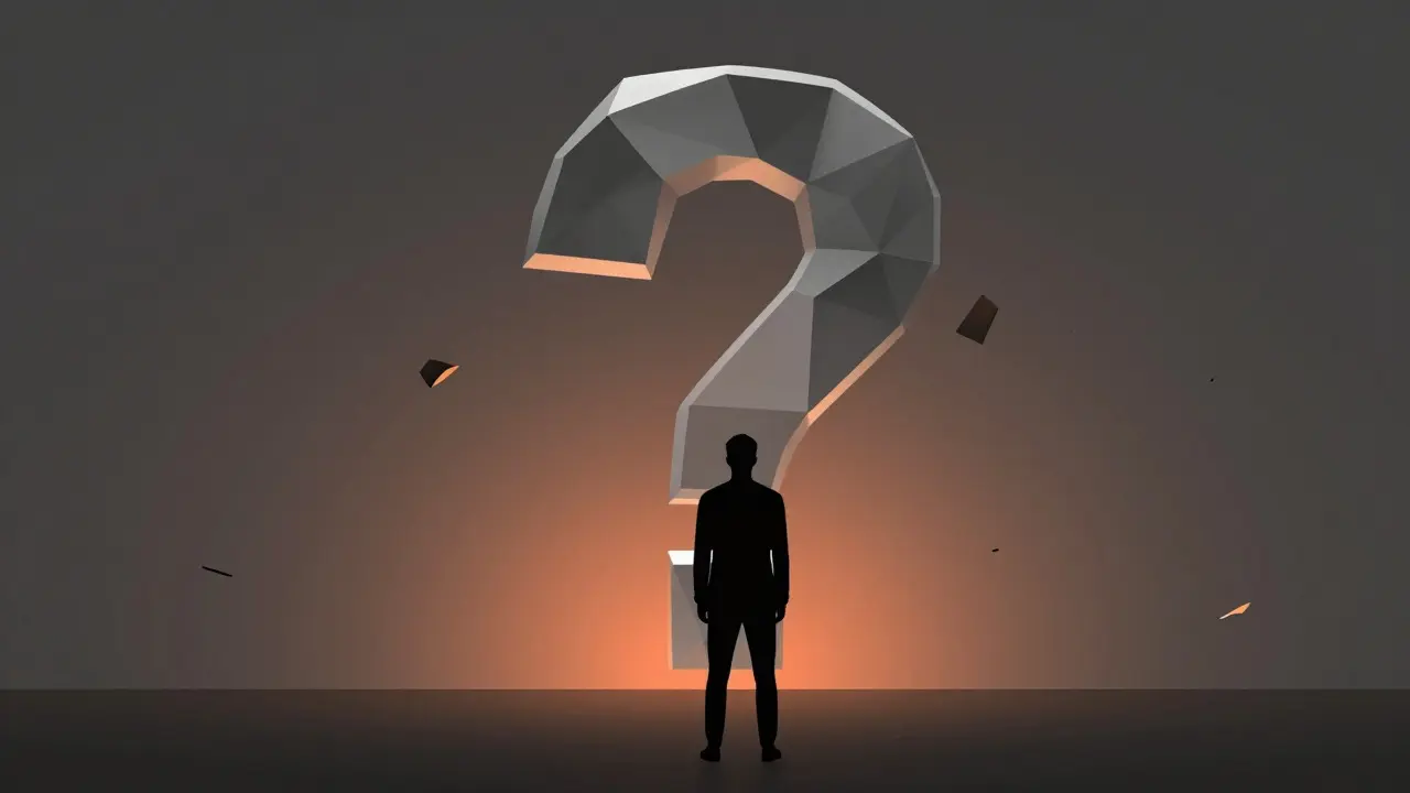 Low poly anonymous figure facing a large geometric question mark