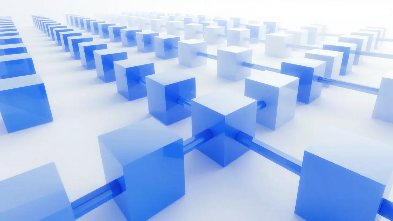 Low poly chain of blue geometric cubes stretching into the distance
