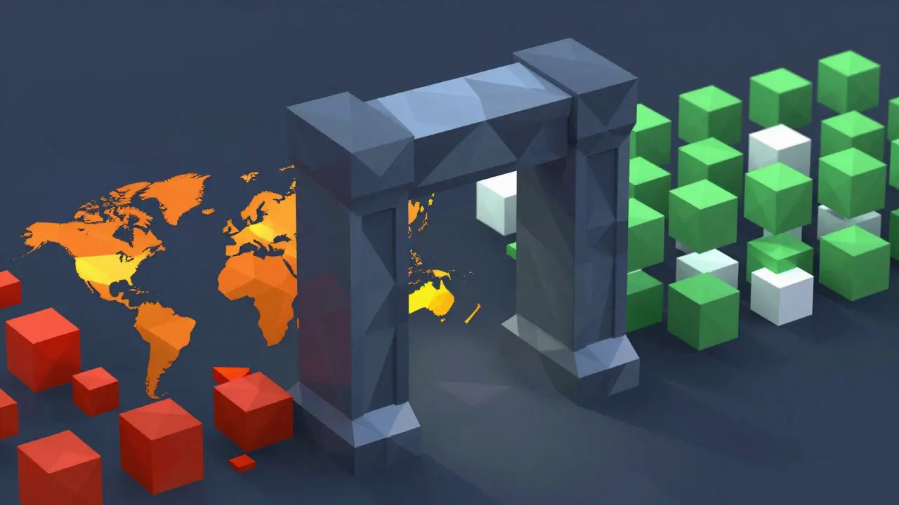 Low-poly digital gate blocking chaotic exchange shapes while letting compliant ones pass