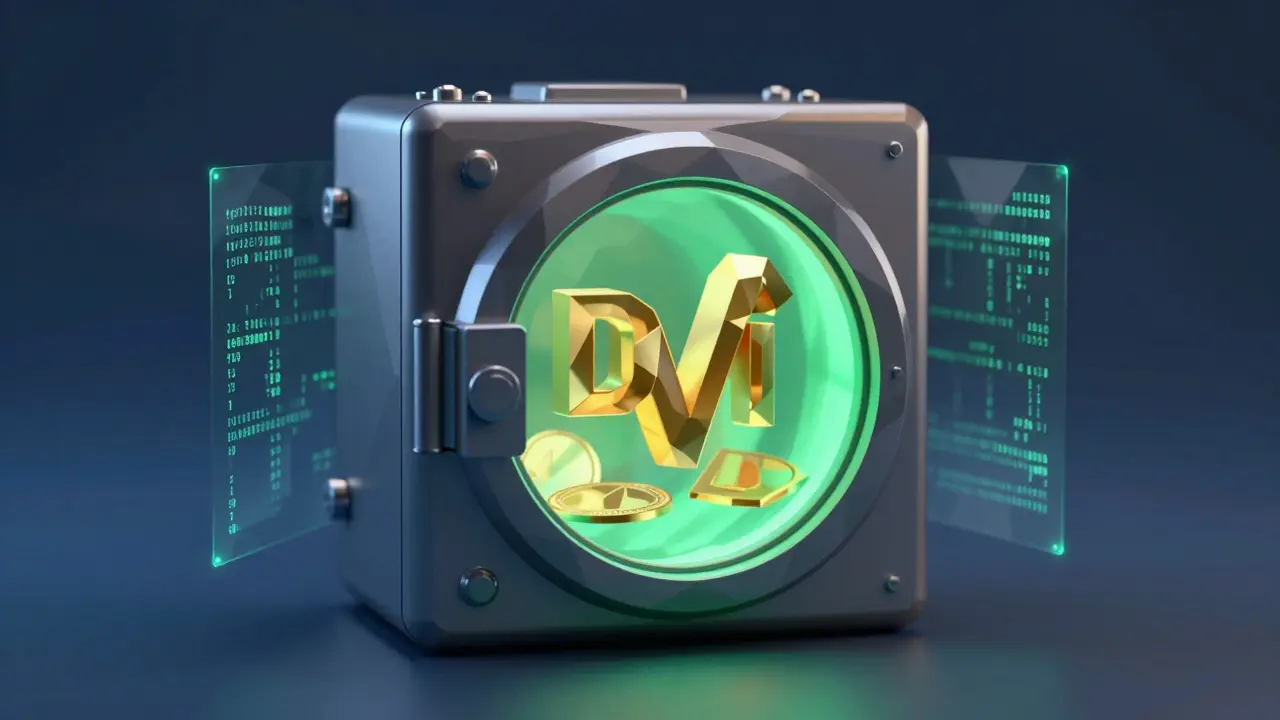 Low poly digital vault securing glowing DVI cryptocurrency tokens
