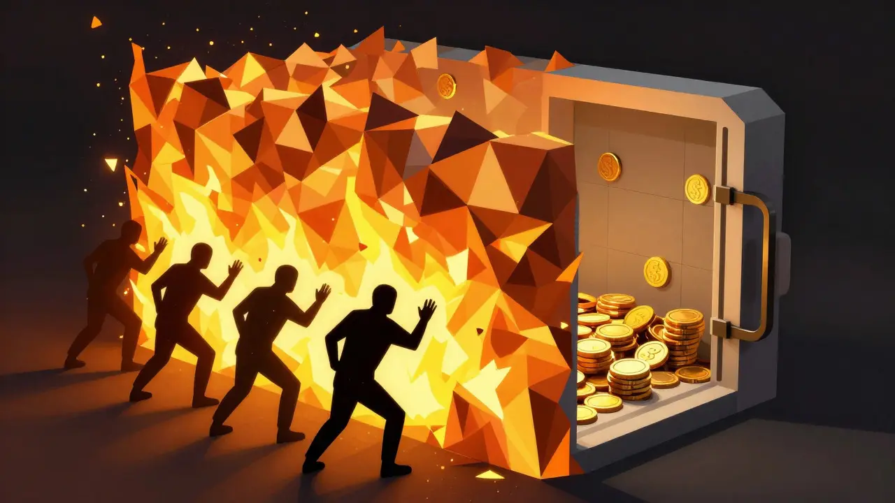 Low poly fiery barrier protecting a vault of gold coins from attackers