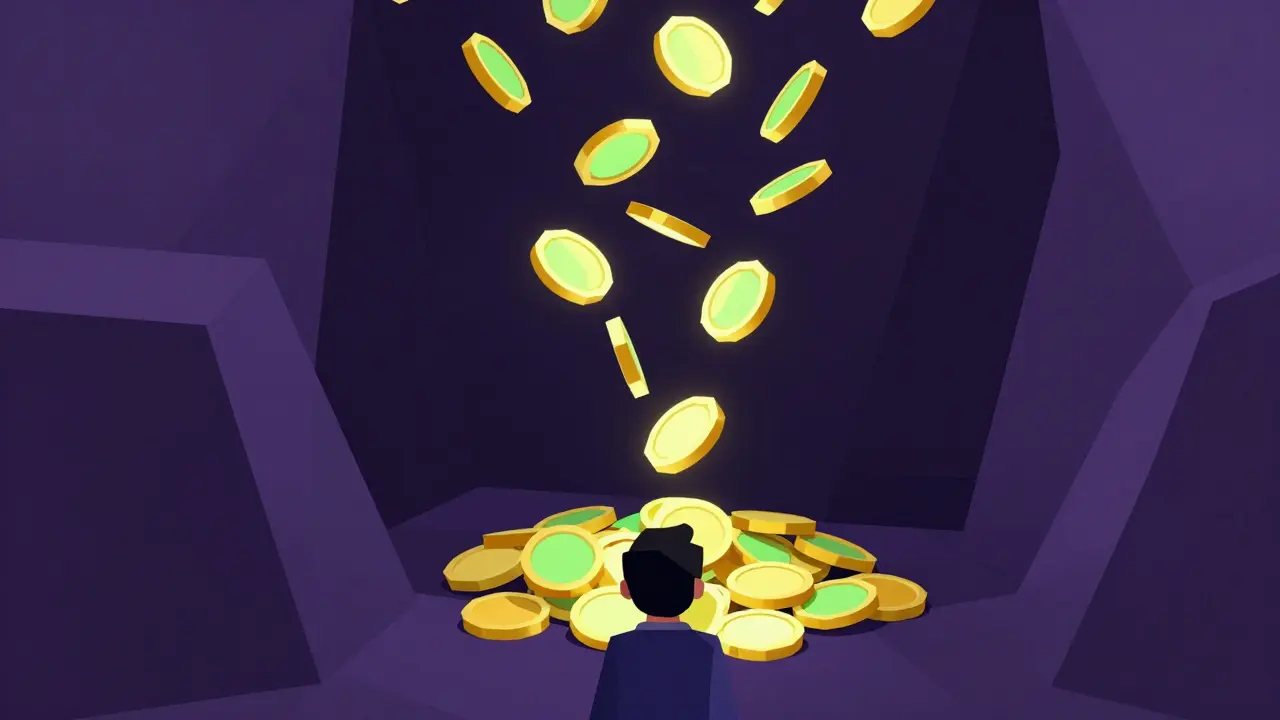 Low poly figure collecting glowing coins in a dark valley representing low prices