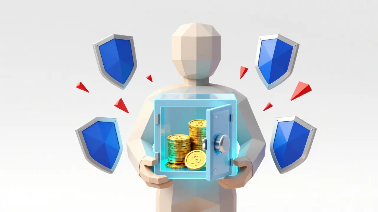 Low-poly figure holding a secure vault with gold coins, protected by blue shields