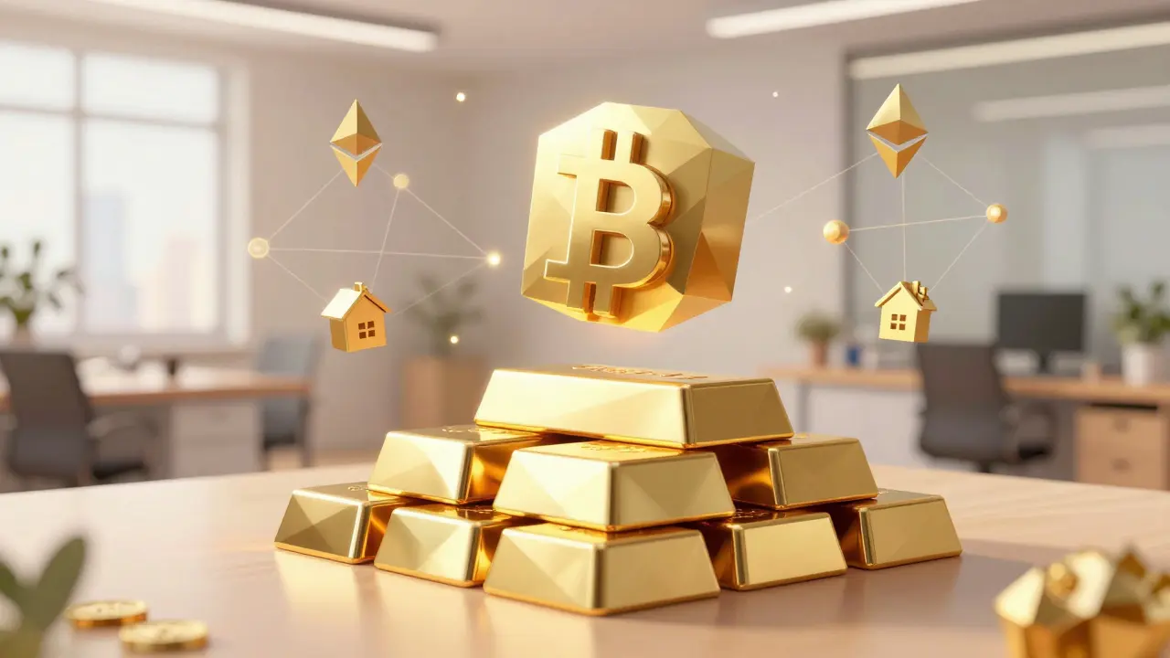 Low poly gold bars turning into Bitcoin cubes in office