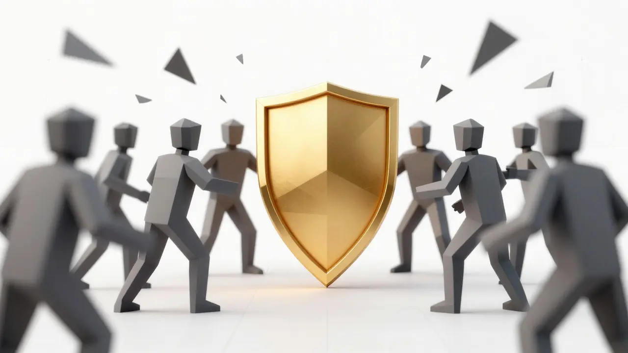 Low poly golden shield protecting against fragmented fake crypto accounts