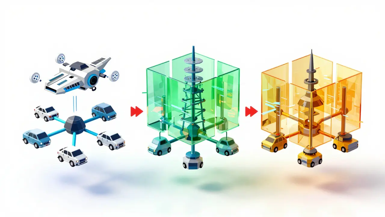 Low poly graphic showing fault tolerance in aerospace, cars, and power grids