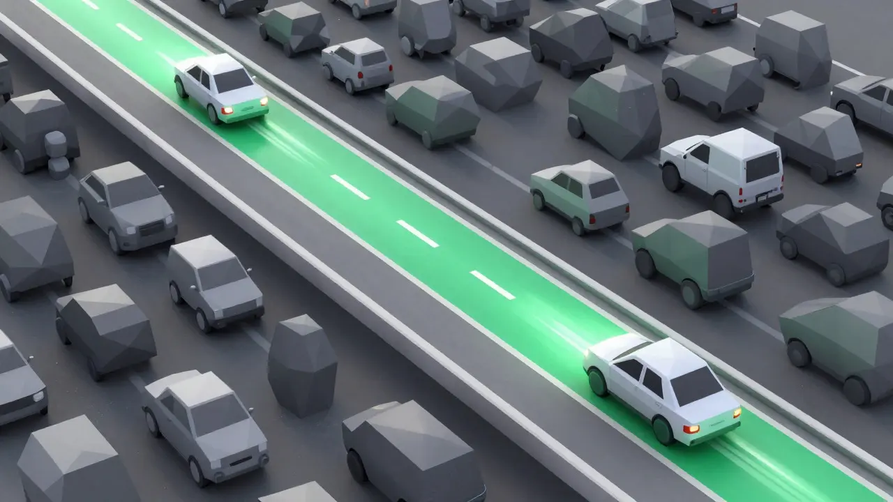 Low poly green highway bypassing congested gray road