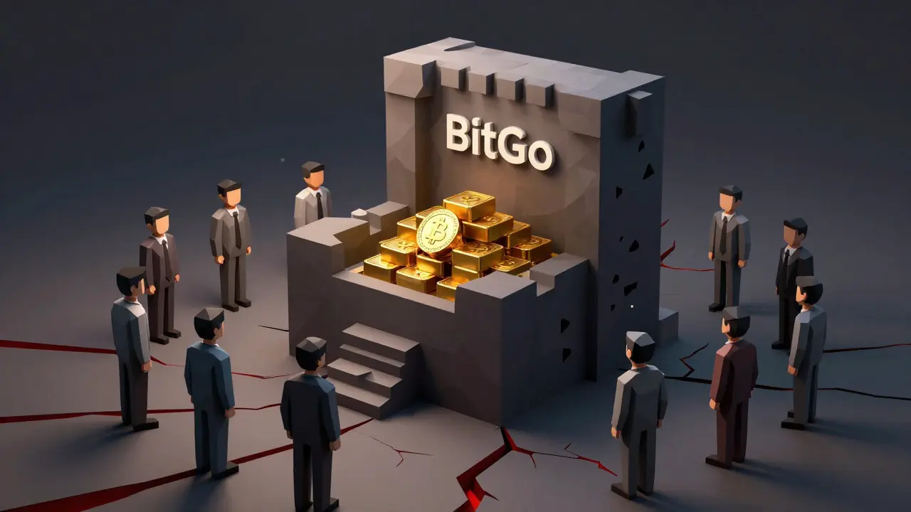 Low poly illustration of a central custodian fortress holding Bitcoin reserves, surrounded by users, highlighting trust risks.