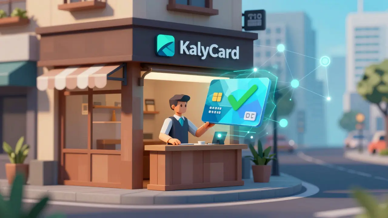 Low poly illustration of a merchant accepting a crypto card payment via network