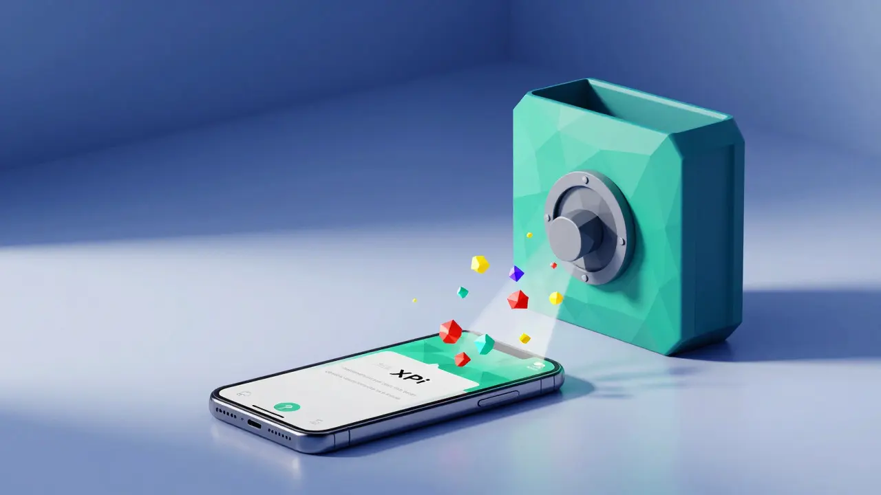 Low poly illustration of digital wallet holding XPi cryptocurrency
