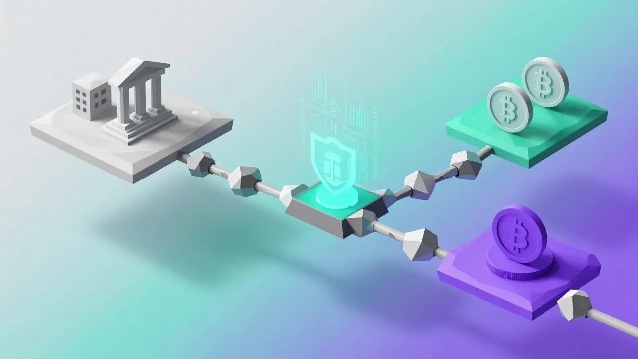 Low poly illustration of future DeFi lending with reputation bridges