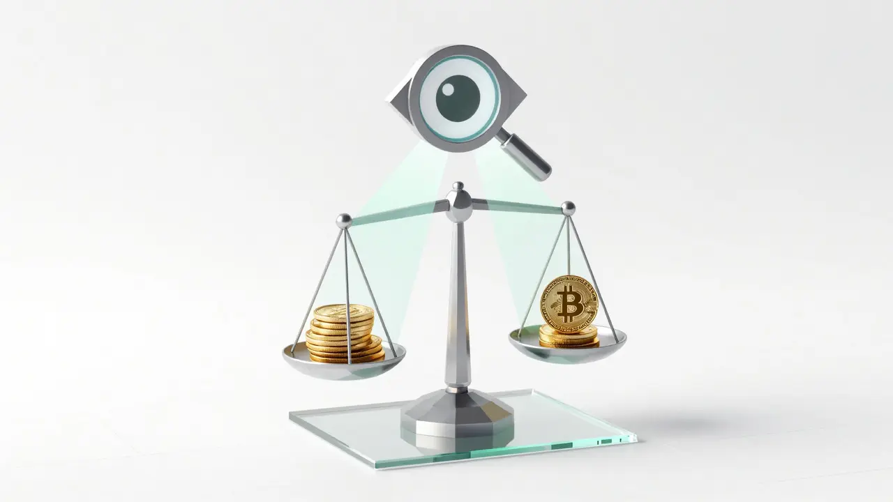Low poly image of a transparent cube with balanced scales of BTC and WBTC, scanned by a light beam for audit verification.