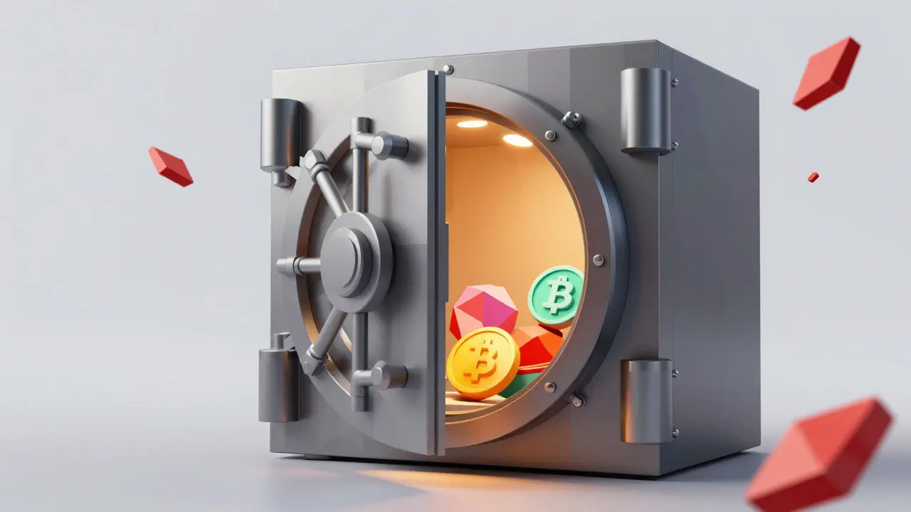 Low poly secure vault storing colorful crypto tokens safely