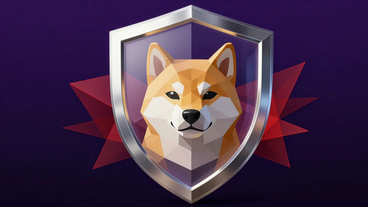 Low poly shield protecting a Shiba Inu brand logo