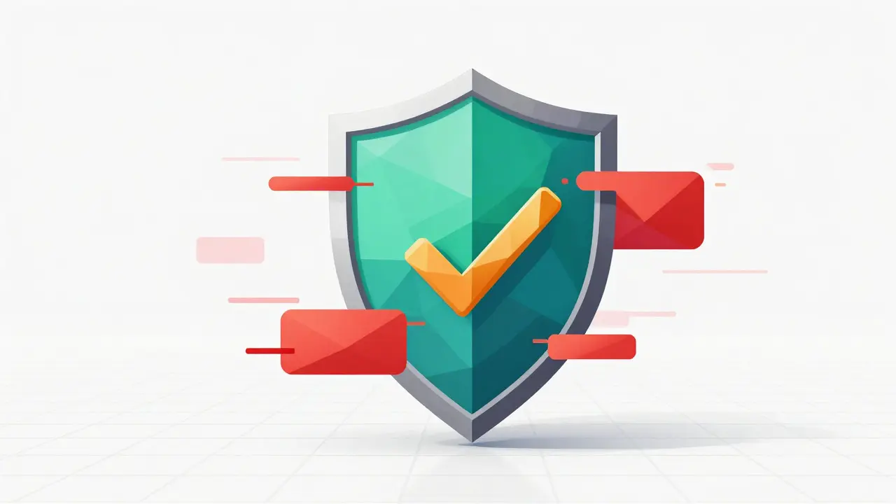 Low poly shield protecting against glitching red scam symbols