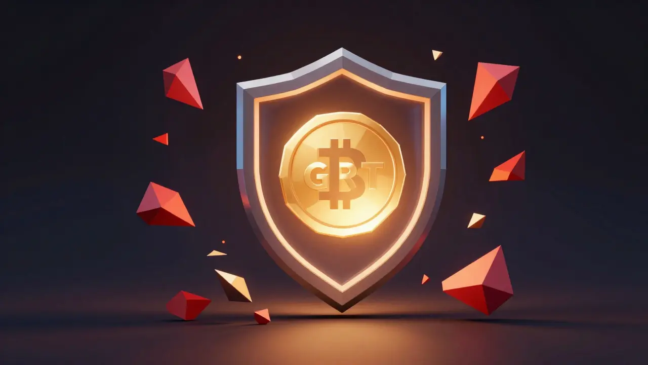 Low poly shield protecting crypto tokens from digital security threats.
