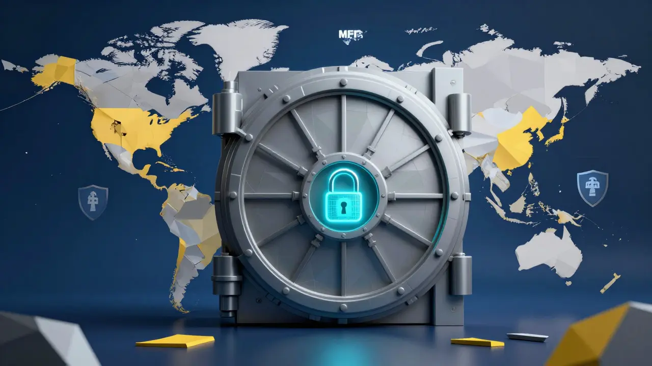 Low poly vault with restricted US access and security shields