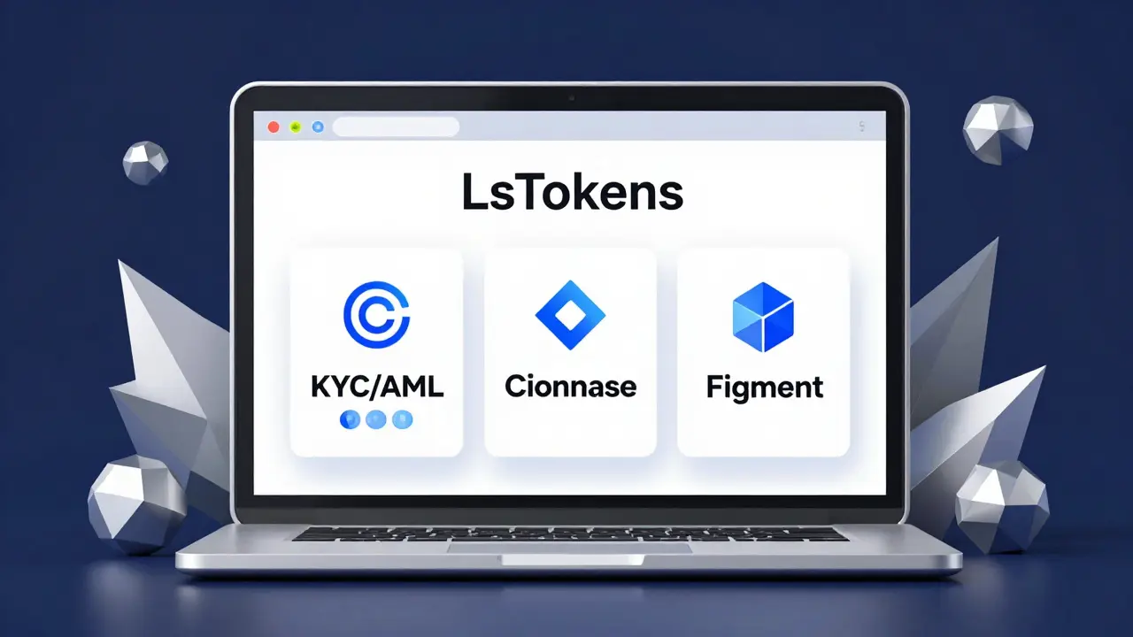 Professional low-poly design showcasing institutional DeFi standards, with LsTokens and compliance badges displayed on a sleek interface alongside corporate partner icons.