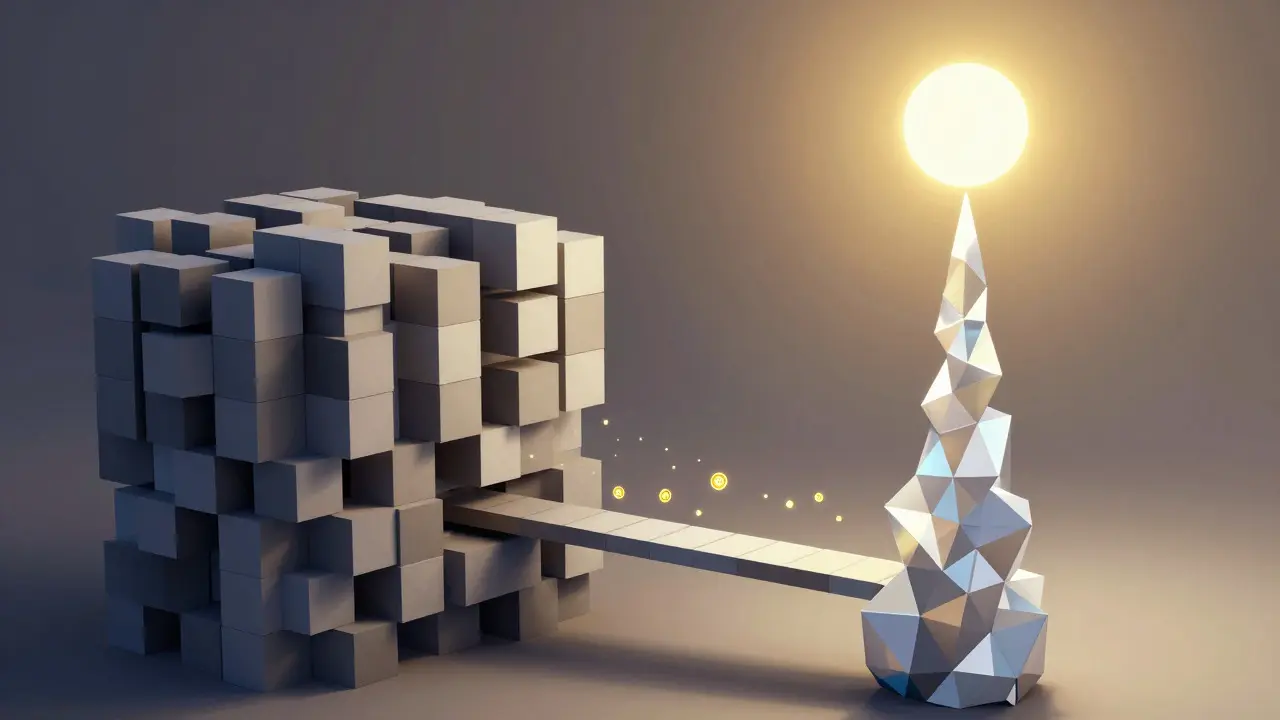 Abstract comparison of stable DeFi structures versus high-yield risk in low poly art