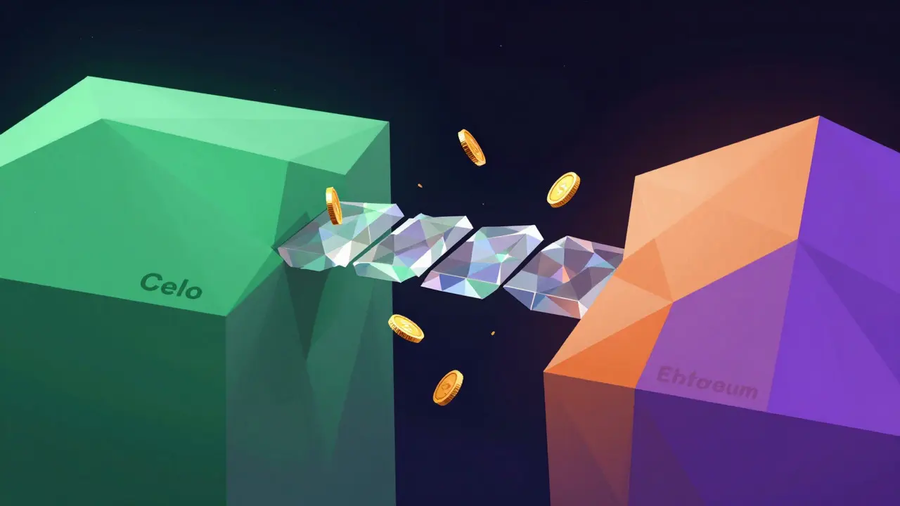 Abstract low poly bridge showing tokens crossing chains with falling pieces representing fees.