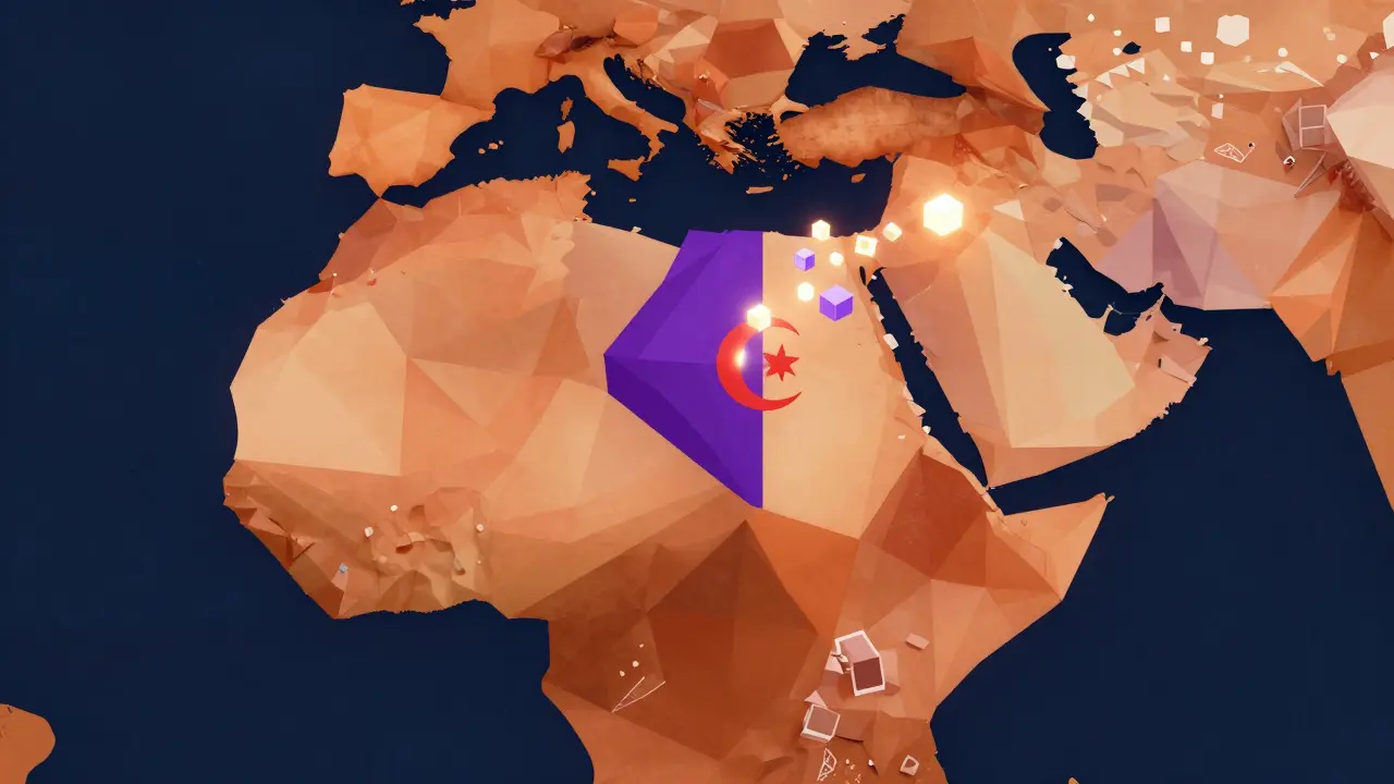 Abstract low poly map showing talent and capital leaving Algeria for neighbors