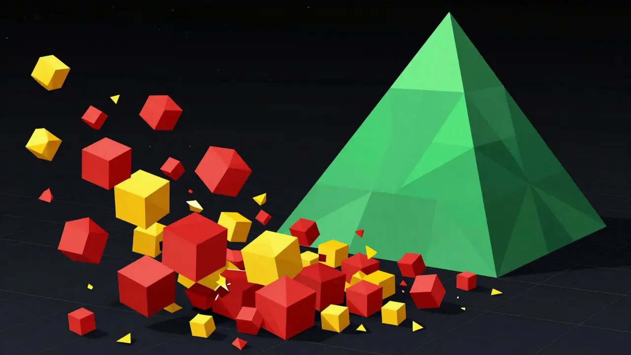 Chaotic red cubes tumbling near a stable green low poly pyramid