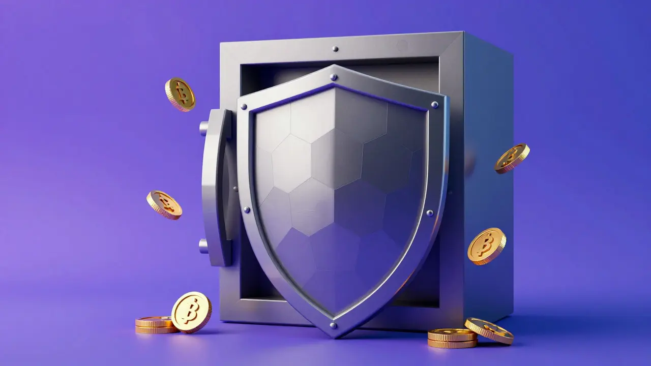 Conceptual low poly art of a metallic shield protecting digital coins