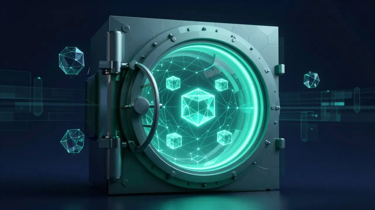 Conceptual low poly vault protecting floating crypto assets with teal glow