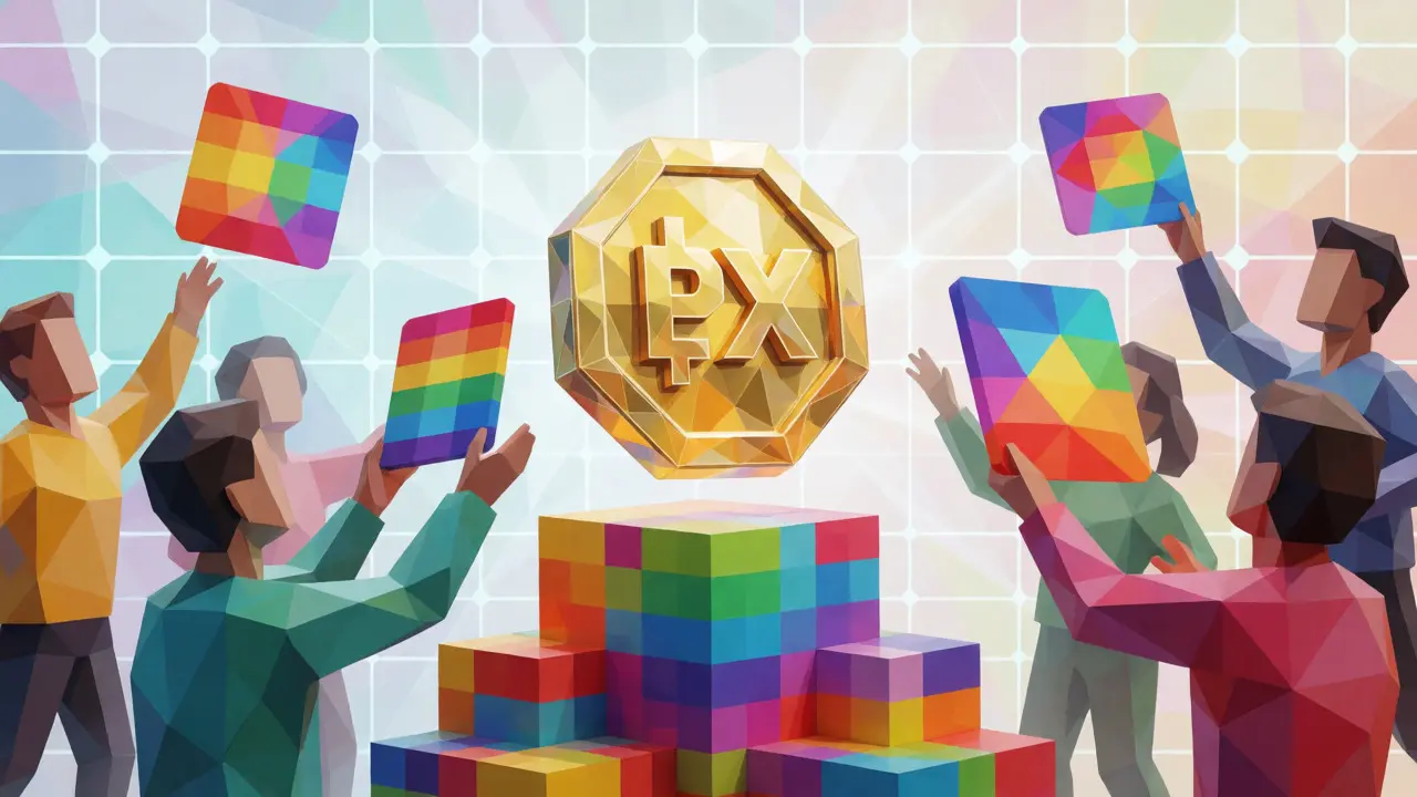Crystal PX token surrounded by pixel art and figures