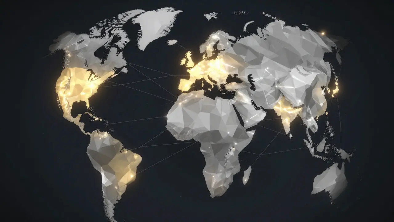 Faceted globe showing illuminated regions for accessible crypto trading