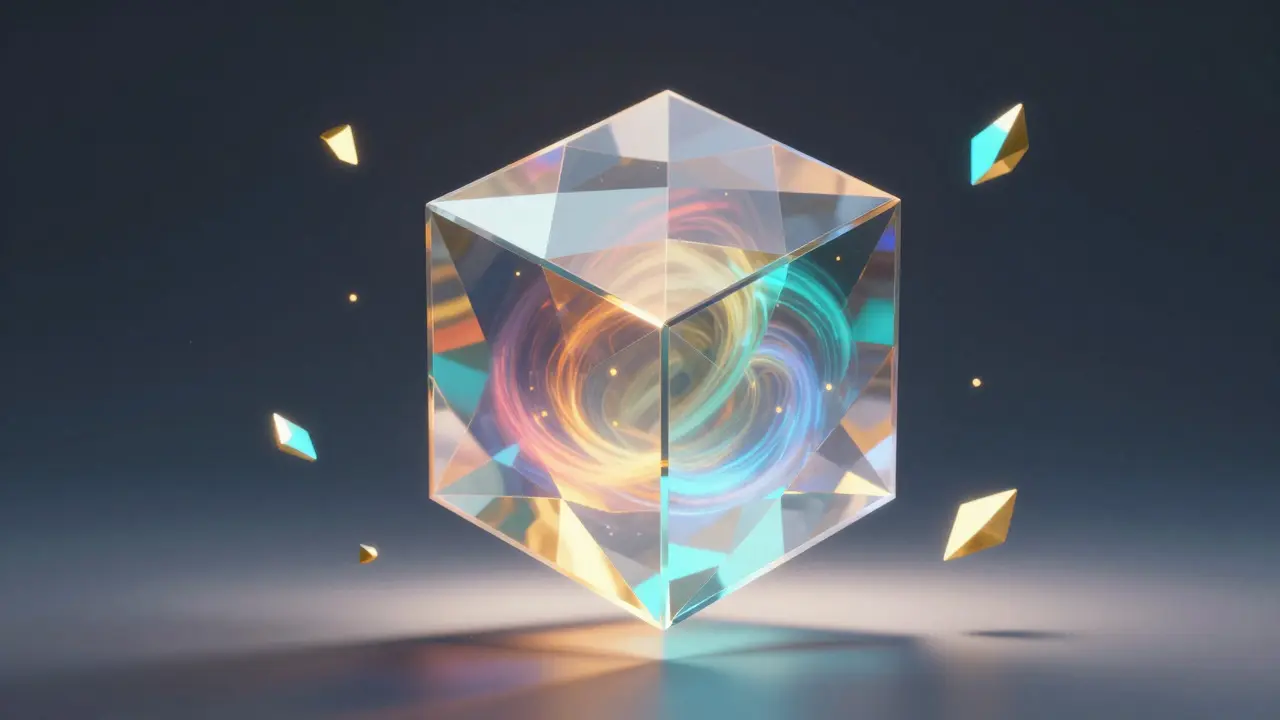 Geometric low poly mystery box glowing with colorful energy and floating shards